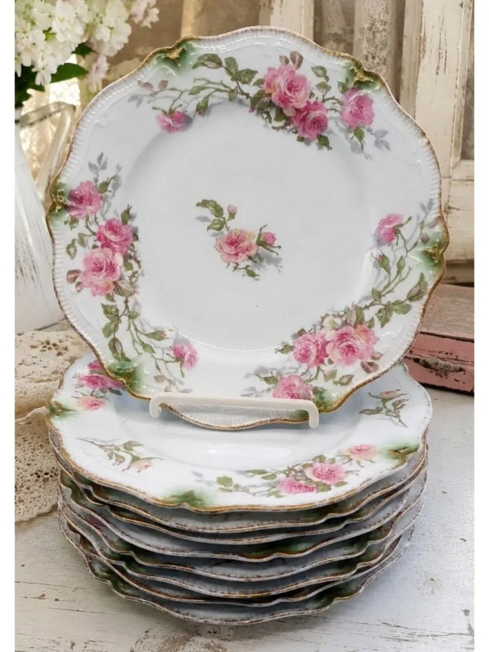 9 Belle Epoch Antique GDA Haviland Limoges Rose Scalloped Luncheon Salad Plates
